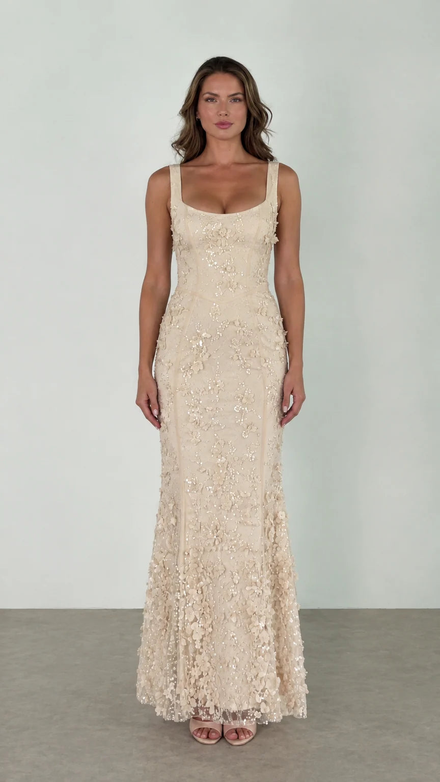 Champagne cream sequined floral lace evening gown