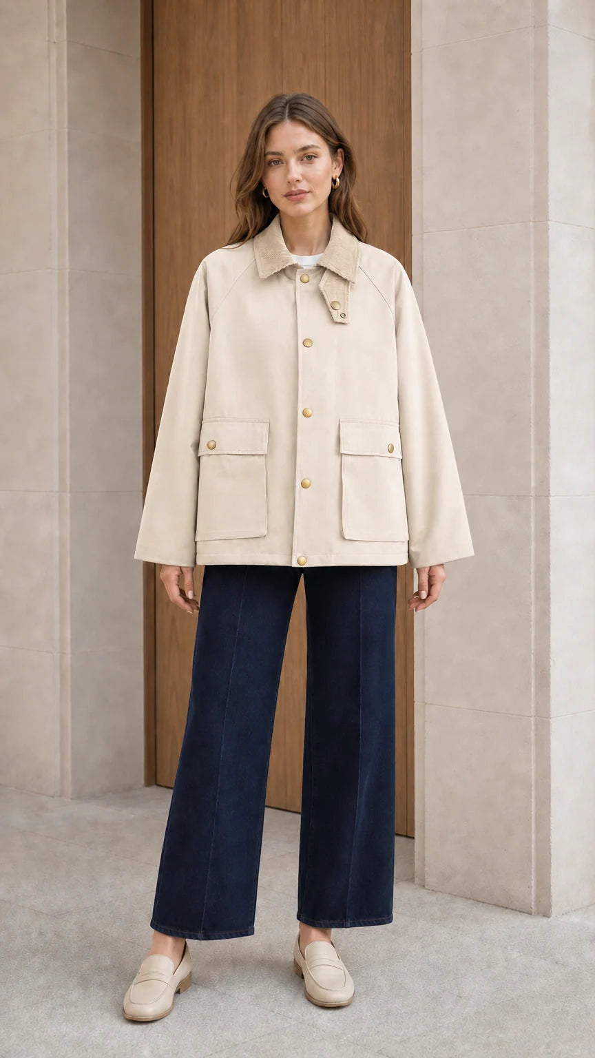 Full body view of model wearing cream off-white corduroy collar utility jacket