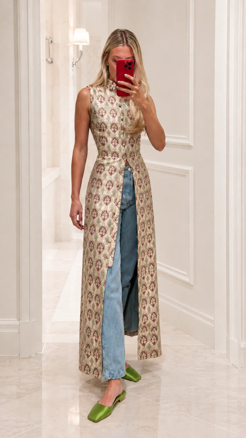 Model wearing champagne gold metallic jacquard maxi tunic vest