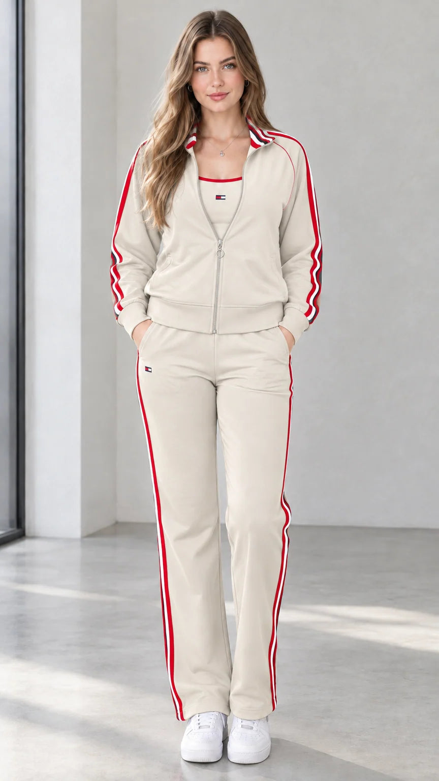 Front view of woman wearing cream beige contrast stripe track jacket and pants set