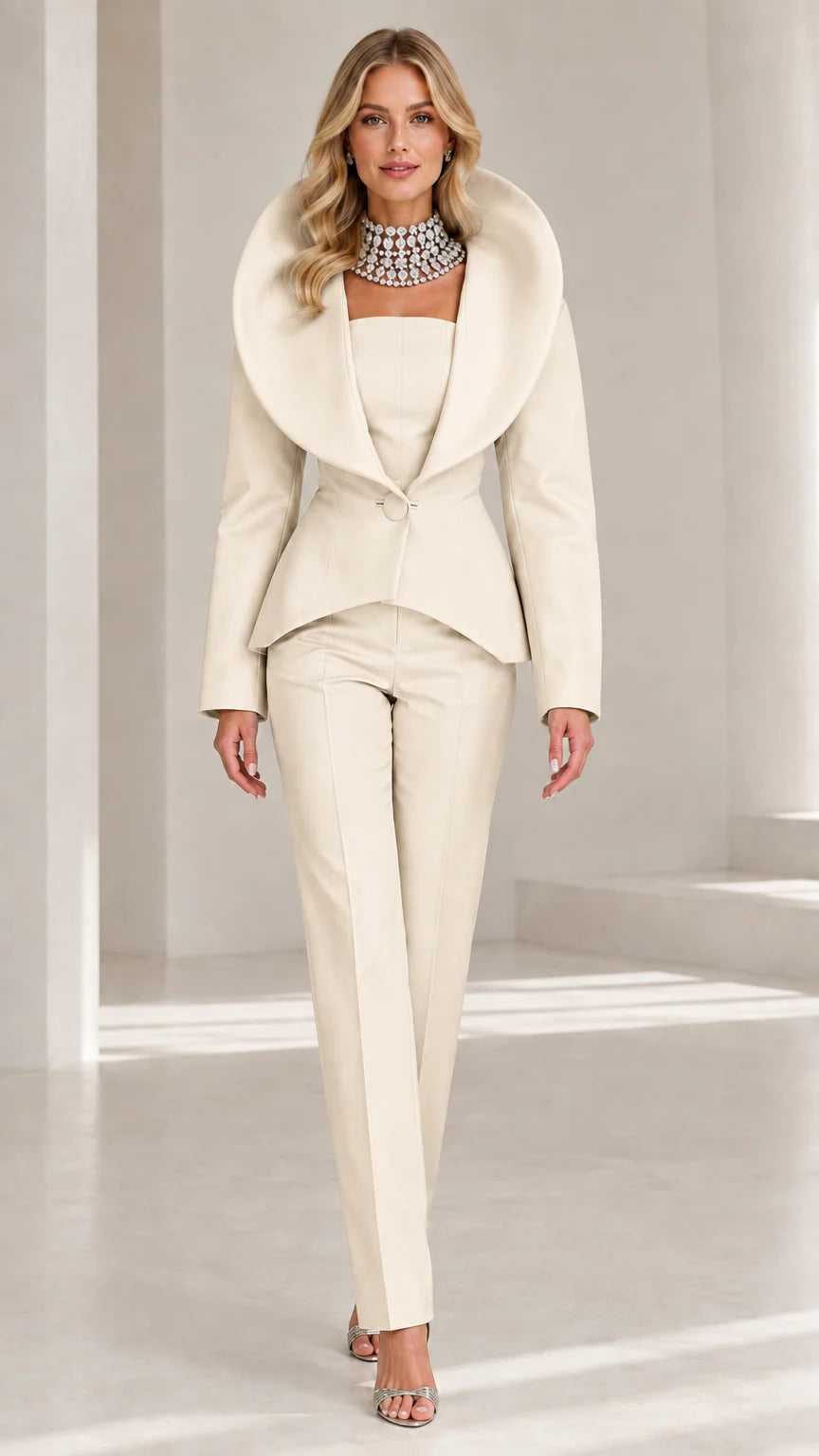 Front view of model wearing chic Cream off-white tailored shawl collar pant suit