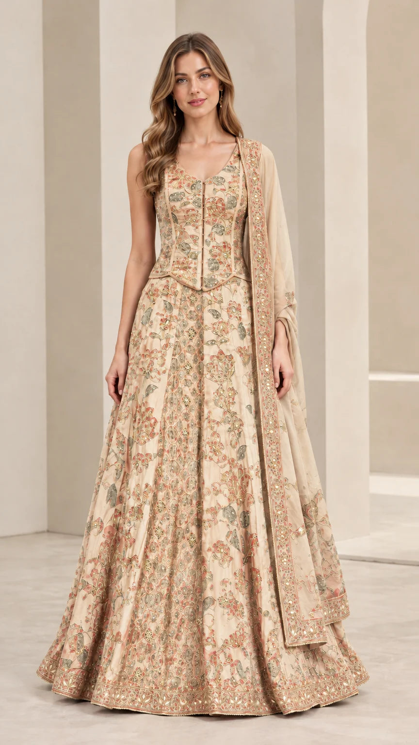 Front view of champagne beige embroidered flared lehenga set with coordinating dupatta