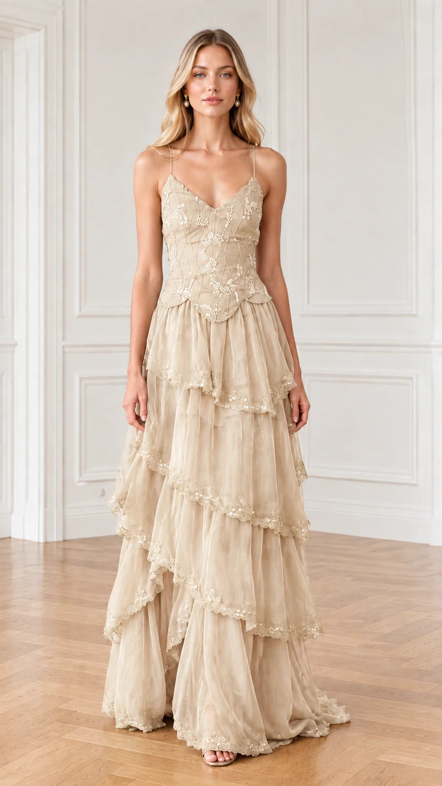 Full-length front view of champagne beige embroidered tulle formal gown