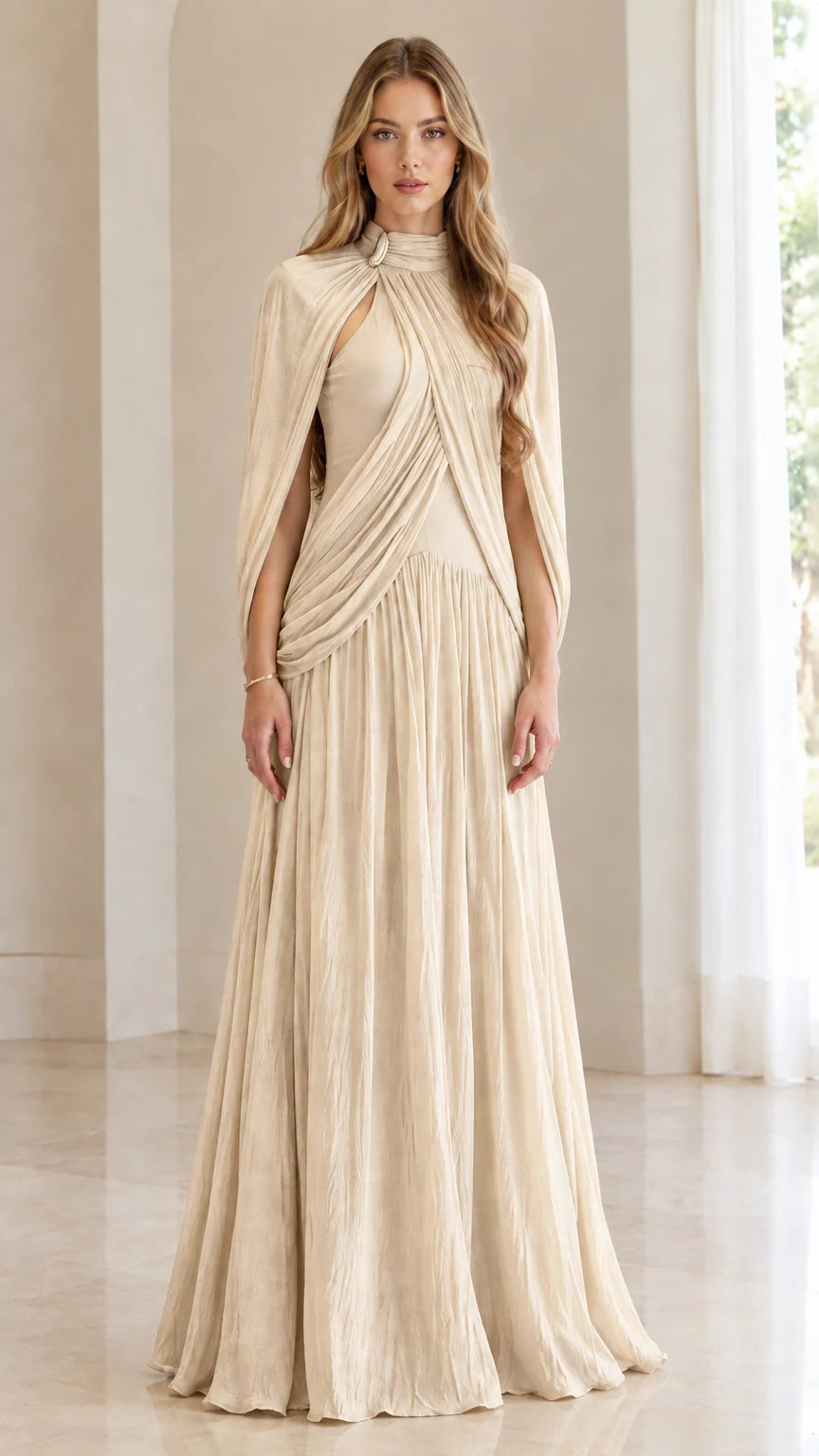 Front full-length view of woman wearing champagne cream pleated cape-sleeve formal gown
