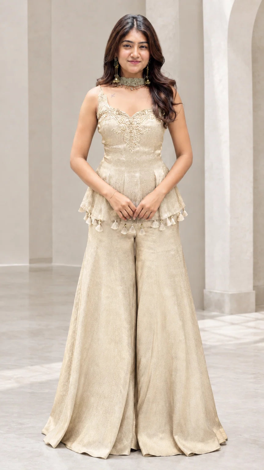 Front view of woman wearing champagne gold embroidered peplum sharara pants set