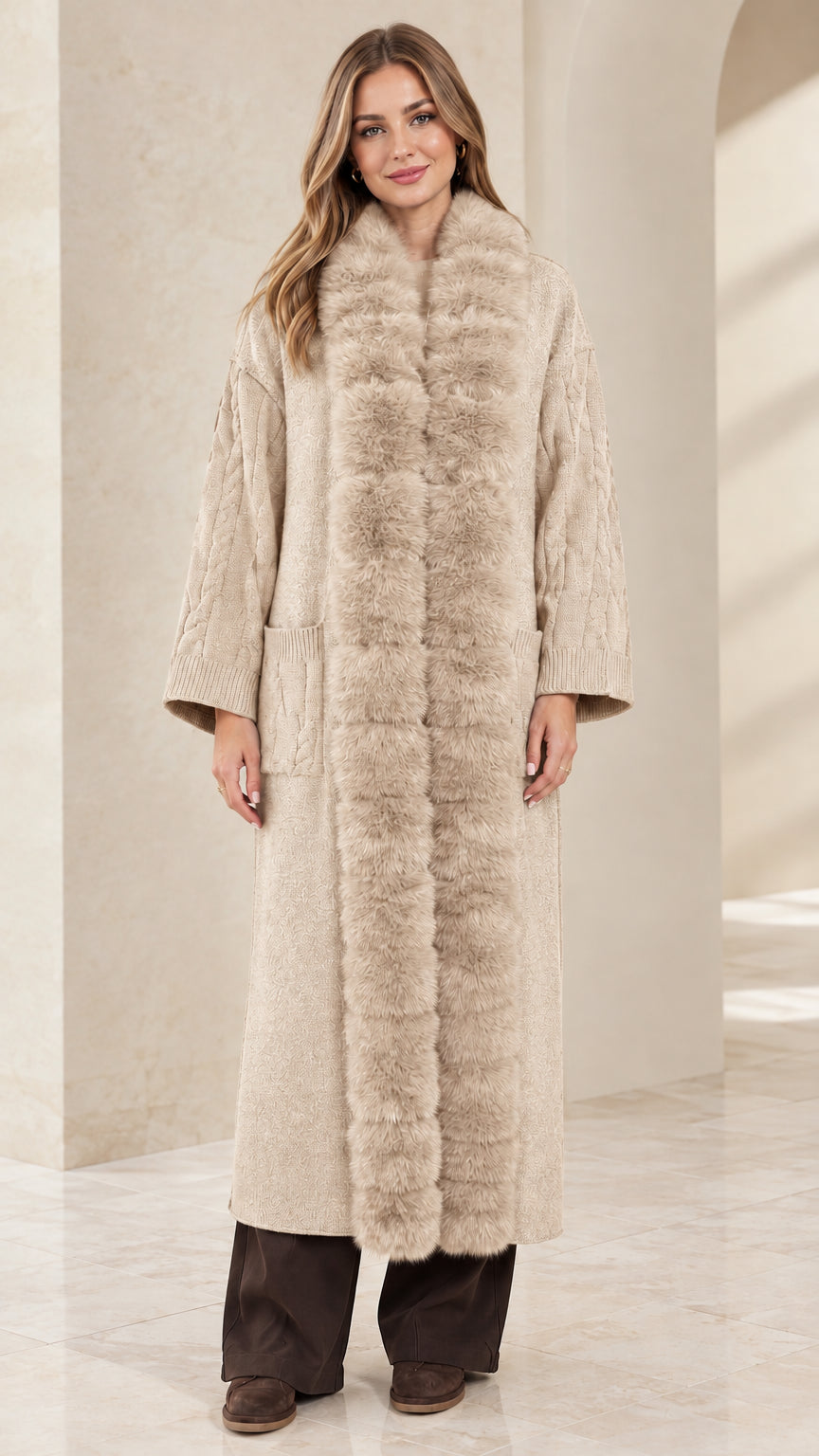 Oatmeal beige faux fur trim maxi sweater coat