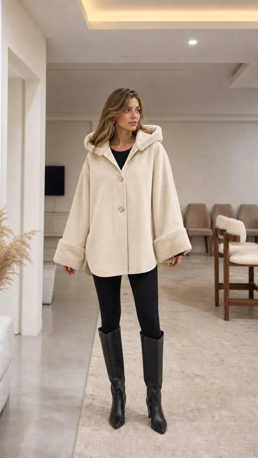 Model wearing cream off-white hooded cape coat with faux fur trim