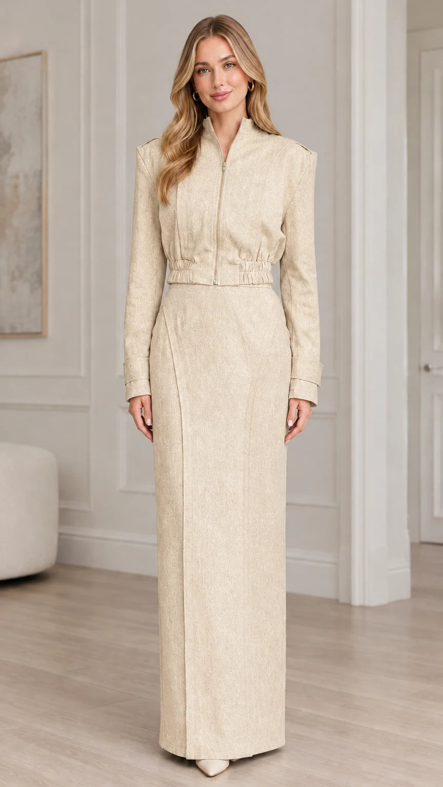 Champagne beige elegant zip-front jacket and column maxi skirt set