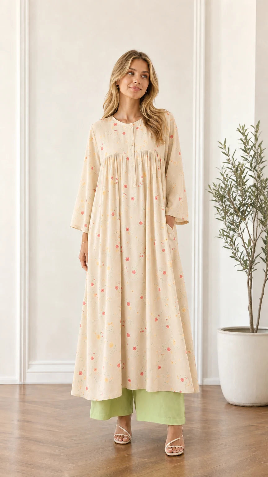 Front view of woman wearing beige floral pleated maxi dress