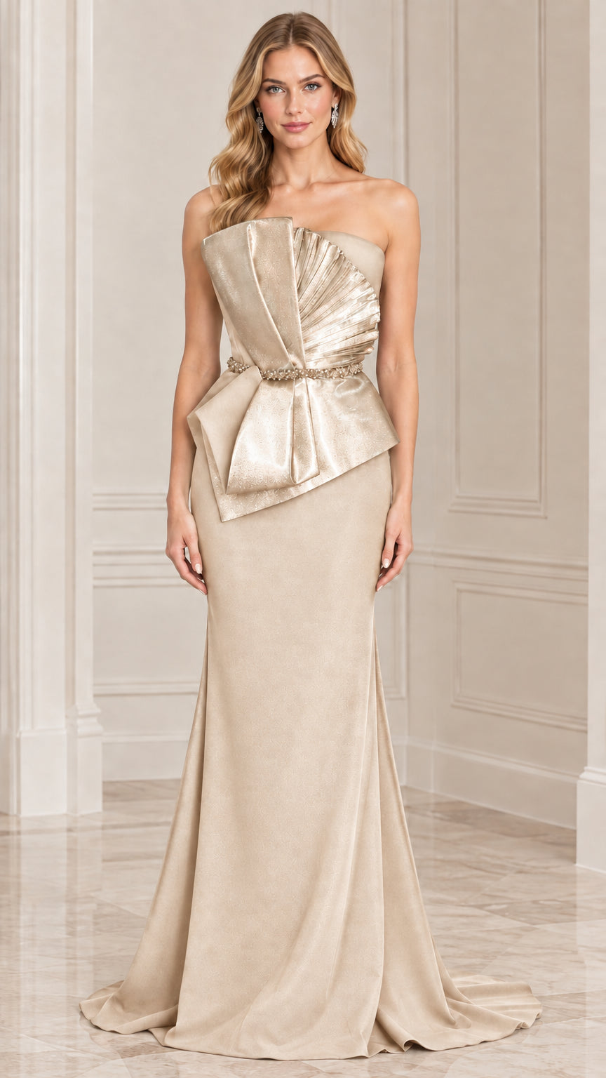 Champagne gold strapless floor-length evening gown with metallic pleated waist feature