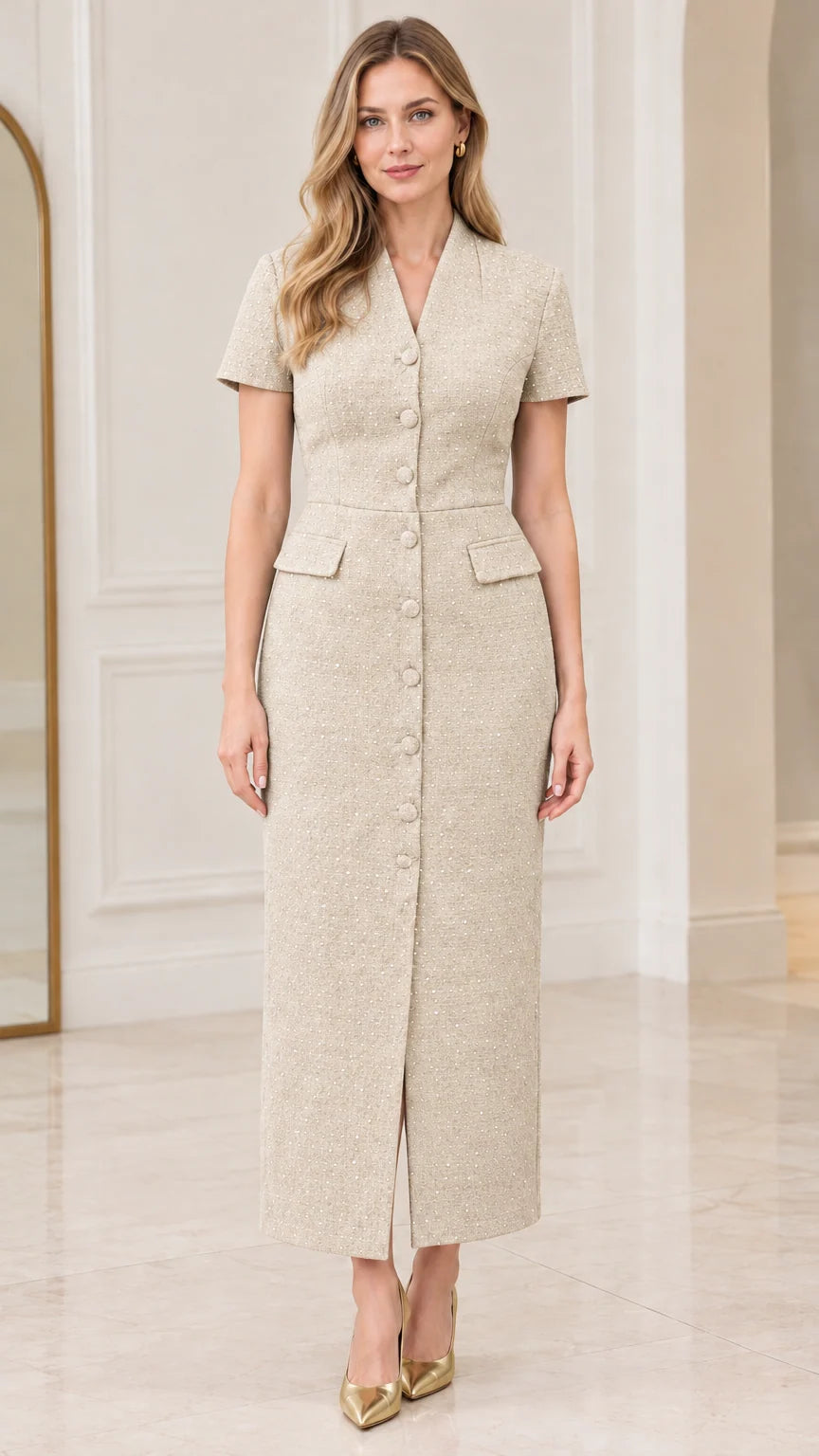 Model wearing beige short-sleeve tweed midi dress with front buttons