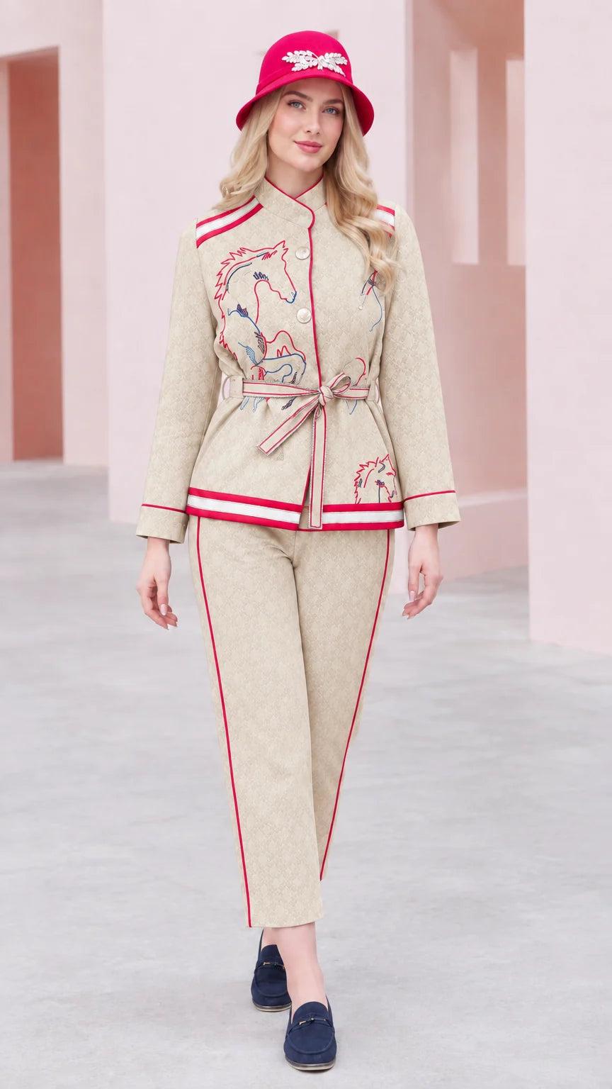 Beige cream embroidered jacket and trousers coordinated set