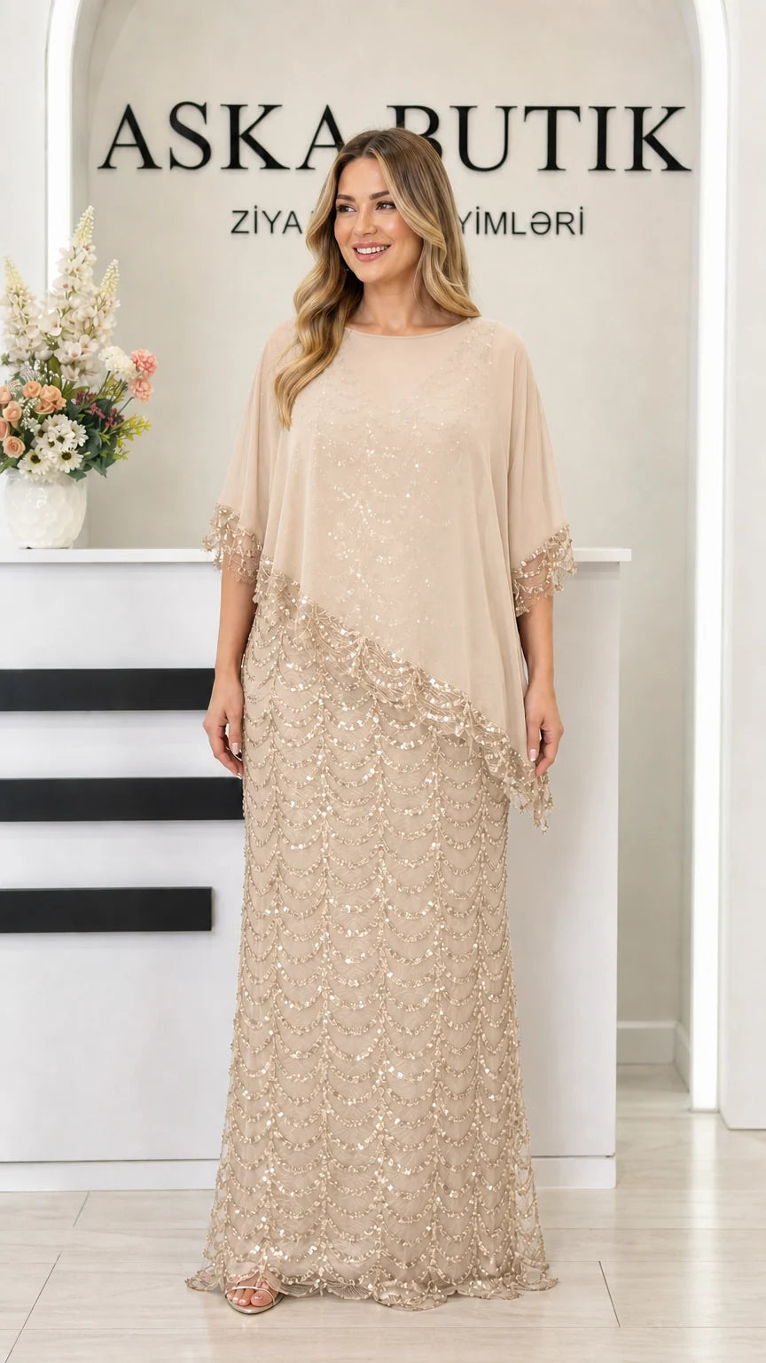 Champagne beige sequin capelet maxi gown for formal events