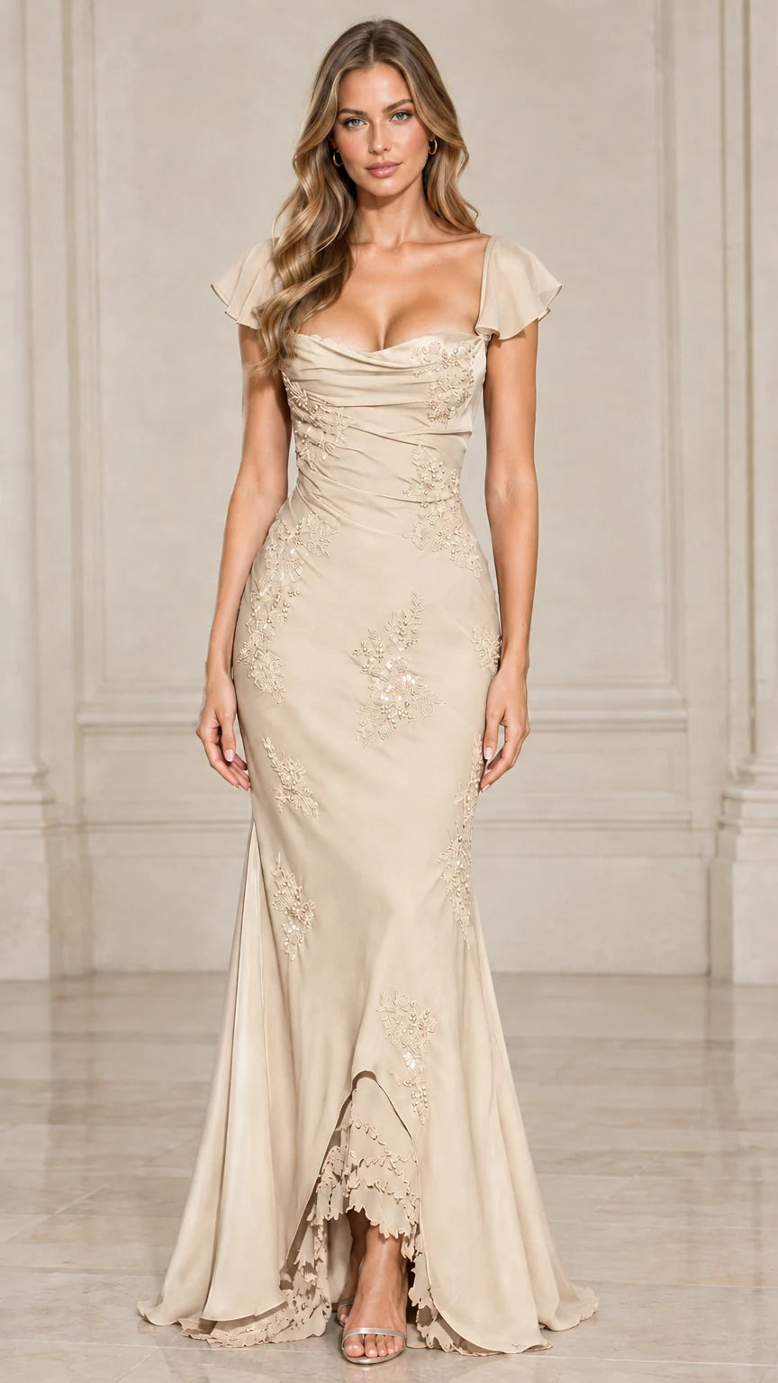 Front view of champagne beige cowl neck flutter sleeve mermaid gown