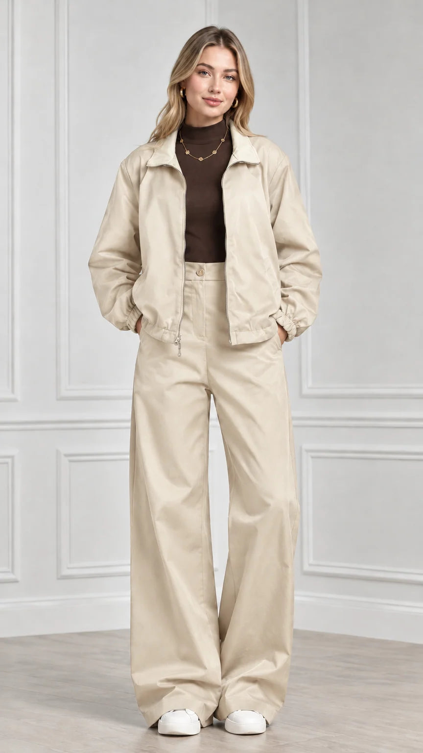 Front view of model wearing beige khaki two-piece jacket and wide-leg trouser set