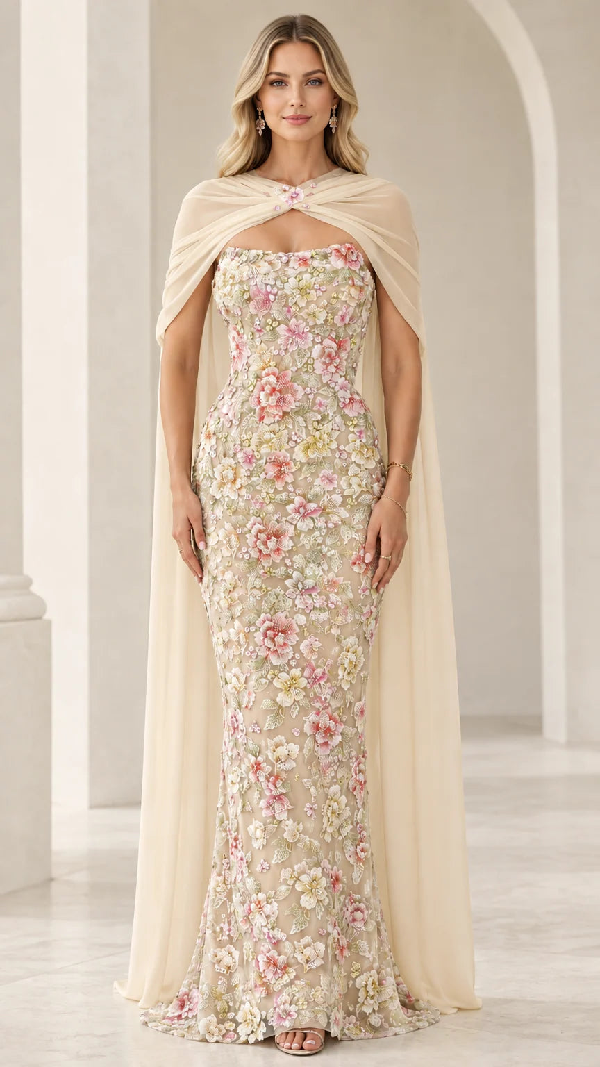 Champagne floral embroidered evening gown with sheer cream capelet