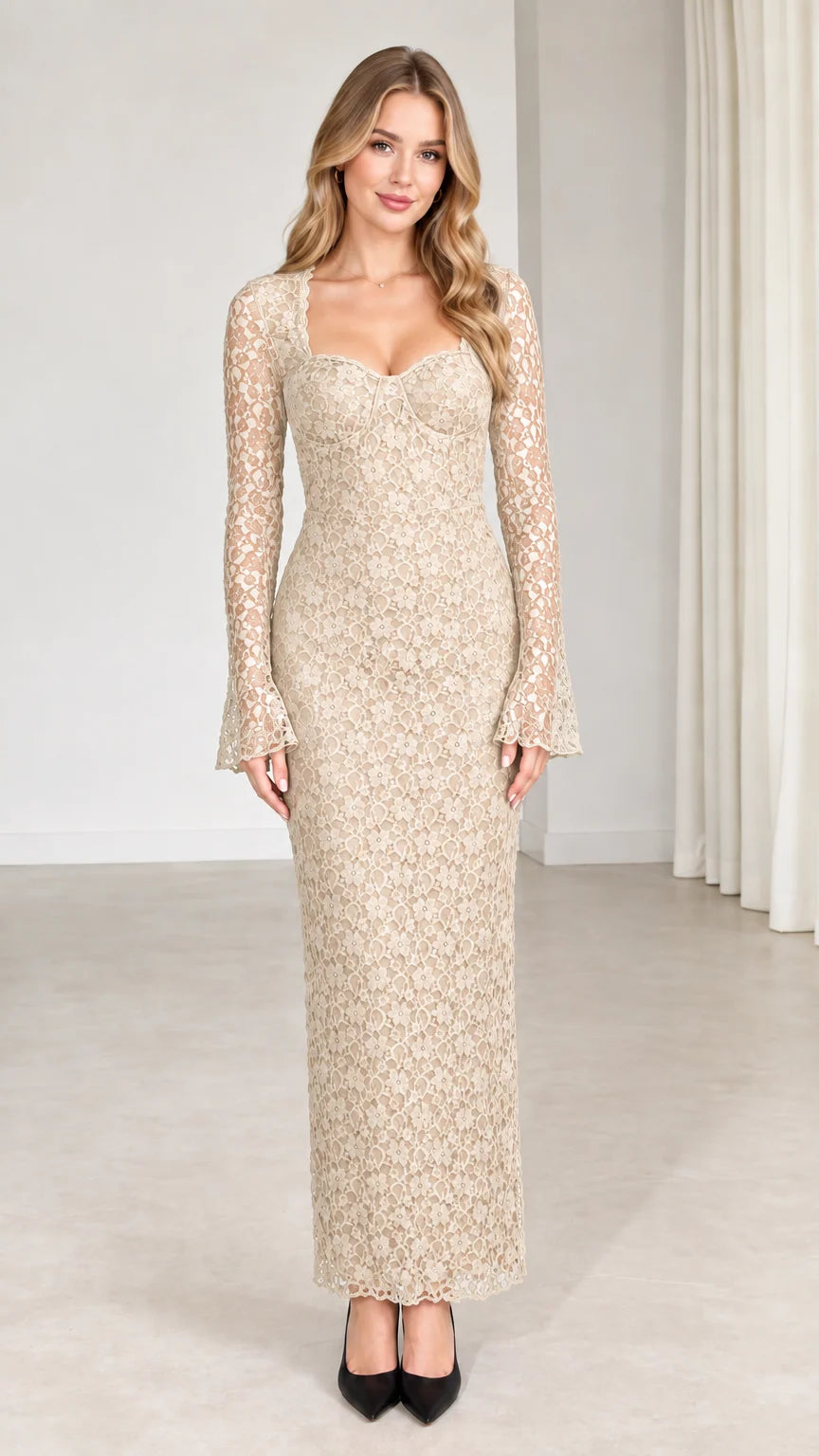 Front view of model wearing champagne beige lace sweetheart maxi dress