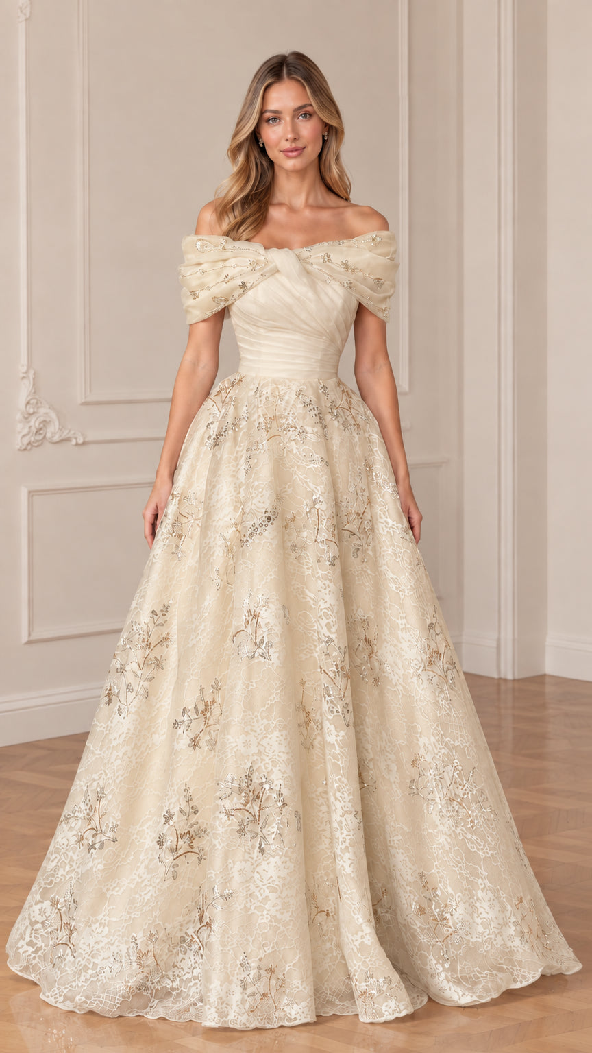Front view of model in champagne gold off-the-shoulder formal evening dress